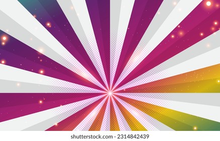 Abstract background with striped radial pattern with sun rays. Colorful sunburst background with rays and glowing light effect. Radial. Magic, festival. Comics, Modern pop art style. Vector EPS10.