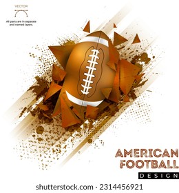 Abstract background with stripes, grungy texture, 3D pyramid shapes and american football ball - vector illustration