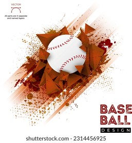 Abstract background with stripes, grungy texture, 3D pyramid shapes and baseball ball - vector illustration
