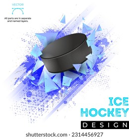 Abstract background with stripes, grungy texture, 3D pyramid shapes and ice hockey puck - vector illustration