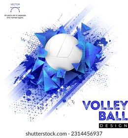 Abstract background with stripes, grungy texture, 3D pyramid shapes and volleyball ball - vector illustration