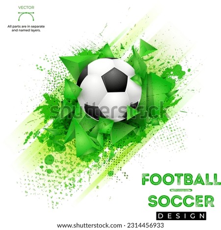 Abstract background with stripes, grungy texture, 3D pyramid shapes and soccer or football ball - vector illustration