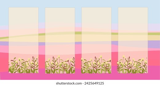 Abstract background with stripes in the style of the sixties and seventies. Flowers on transparent banners.. Flat vector illustration suitable for printing banners, flyers, invitations