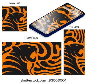 abstract background with stripes of tiger skin and Silhouettes of head of roaring angry tiger with open mouth and sharp teeth. Template, screensaver for smartphone screen, HD monitor. Vector