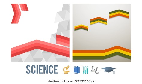 Abstract background in style infographics science education concept. Vector Illustration EPS 10, Graphic Design elements tehno flowers with icon microscope, books, test tube, flask, graduation cap