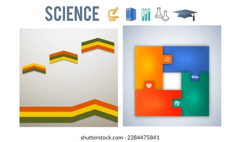 Abstract background in style infographics science education concept. Vector Illustration EPS 10, Graphic Design elements tehno flowers with icon microscope, books, test tube, flask, graduation cap