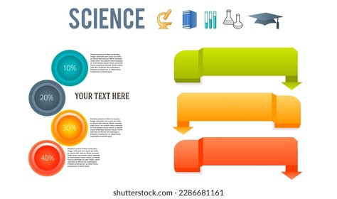 Abstract background in style infographics science education concept. Vector Illustration EPS 10, Graphic Design elements tehno flowers with icon microscope, books, test tube, flask, graduation cap