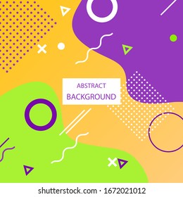 Abstract background in the style of Memphis. A composition of circles, rings , triangles, and lines. Style of the 80's and 90's. Vector illustration.