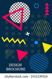 Antecedentes abstractos al estilo de Memphis. Diseño de cubierta geométrica. Portada moderna y brillante, pancarta, afiche, folleto. Colores creativos. Vector