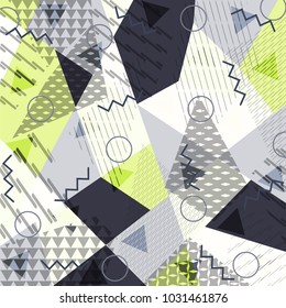 Abstract background in the style of Memphis. Modern design. The design is suitable for posters, postcards, invitations, posters, packages, brochures. Vector