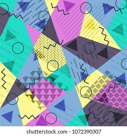 Abstract background in the style of Memphis. Modern design. The design is suitable for posters, postcards, invitations, posters, packages, brochures. Vector