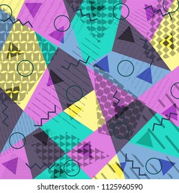 Abstract background in the style of Memphis. Modern design. The design is suitable for posters, postcards, invitations, posters, packages, brochures. Vector