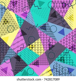 Abstract background in the style of Memphis. Modern design. The design is suitable for posters, postcards, invitations, posters, packages, brochures. Vector