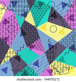 Abstract background in the style of Memphis. Modern design. The design is suitable for posters, postcards, invitations, posters, packages, brochures. Vector