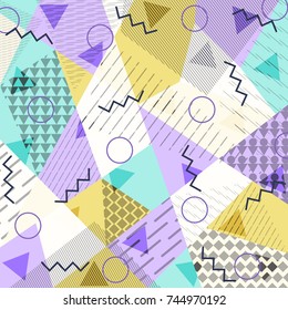 Abstract background in the style of Memphis. Modern design. The design is suitable for posters, postcards, invitations, posters, packages, brochures. Vector