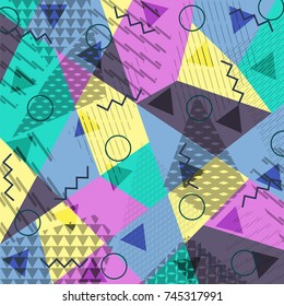 Abstract background in the style of Memphis. Modern design. The design is suitable for posters, postcards, invitations, posters, packages, brochures. Vector