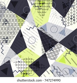 Abstract background in the style of Memphis. Modern design. The design is suitable for posters, postcards, invitations, posters, packages, brochures. Vector