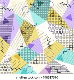 Abstract background in the style of Memphis. Modern design. The design is suitable for posters, postcards, invitations, posters, packages, brochures. Vector