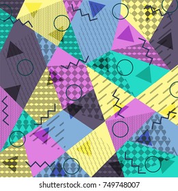 Abstract background in the style of Memphis. Modern design. The design is suitable for posters, postcards, invitations, posters, packages, brochures. Vector