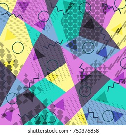 Abstract background in the style of Memphis. Modern design. The design is suitable for posters, postcards, invitations, posters, packages, brochures. Vector