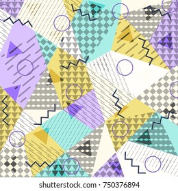 Abstract background in the style of Memphis. Modern design. The design is suitable for posters, postcards, invitations, posters, packages, brochures. Vector