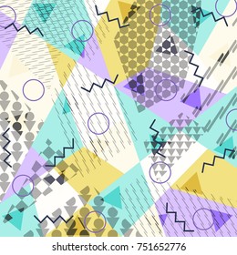 Abstract background in the style of Memphis. Modern design. The design is suitable for posters, postcards, invitations, posters, packages, brochures. Vector