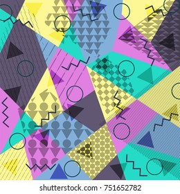 Abstract background in the style of Memphis. Modern design. The design is suitable for posters, postcards, invitations, posters, packages, brochures. Vector
