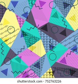 Abstract background in the style of Memphis. Modern design. The design is suitable for posters, postcards, invitations, posters, packages, brochures. Vector