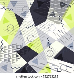 Abstract background in the style of Memphis. Modern design. The design is suitable for posters, postcards, invitations, posters, packages, brochures. Vector