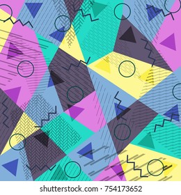 Abstract background in the style of Memphis. Modern design. The design is suitable for posters, postcards, invitations, posters, packages, brochures. Vector