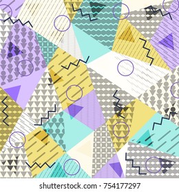 Abstract background in the style of Memphis. Modern design. The design is suitable for posters, postcards, invitations, posters, packages, brochures. Vector