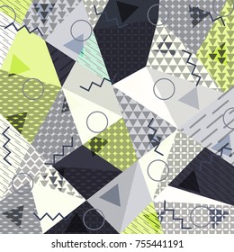 Abstract background in the style of Memphis. Modern design. The design is suitable for posters, postcards, invitations, posters, packages, brochures. Vector