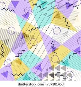 Abstract background in the style of Memphis. Modern design. The design is suitable for posters, postcards, invitations, posters, packages, brochures. Vector