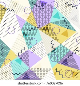 Abstract background in the style of Memphis. Modern design. The design is suitable for posters, postcards, invitations, posters, packages, brochures. Vector