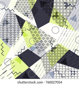 Abstract background in the style of Memphis. Modern design. The design is suitable for posters, postcards, invitations, posters, packages, brochures. Vector