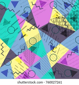 Abstract background in the style of Memphis. Modern design. The design is suitable for posters, postcards, invitations, posters, packages, brochures. Vector