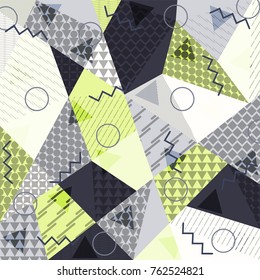 Abstract background in the style of Memphis. Modern design. The design is suitable for posters, postcards, invitations, posters, packages, brochures. Vector