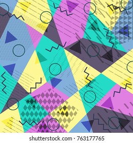 Abstract background in the style of Memphis. Modern design. The design is suitable for posters, postcards, invitations, posters, packages, brochures. Vector