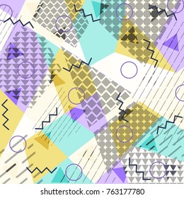 Abstract background in the style of Memphis. Modern design. The design is suitable for posters, postcards, invitations, posters, packages, brochures. Vector