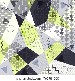 Abstract background in the style of Memphis. Modern design. The design is suitable for posters, postcards, invitations, posters, packages, brochures. Vector