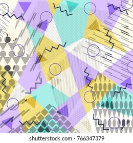 Abstract background in the style of Memphis. Modern design. The design is suitable for posters, postcards, invitations, posters, packages, brochures. Vector