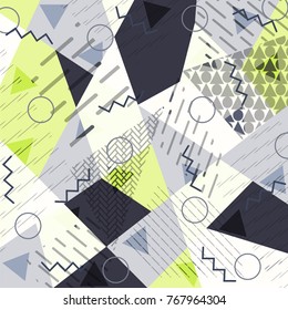 Abstract background in the style of Memphis. Modern design. The design is suitable for posters, postcards, invitations, posters, packages, brochures. Vector