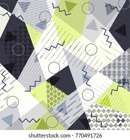 Abstract background in the style of Memphis. Modern design. The design is suitable for posters, postcards, invitations, posters, packages, brochures. Vector