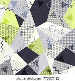 Abstract background in the style of Memphis. Modern design. The design is suitable for posters, postcards, invitations, posters, packages, brochures. Vector