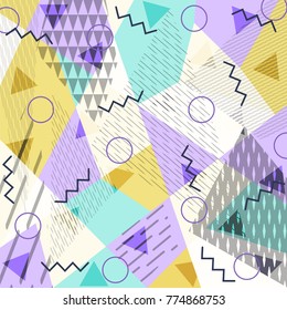 Abstract background in the style of Memphis. Modern design. The design is suitable for posters, postcards, invitations, posters, packages, brochures. Vector