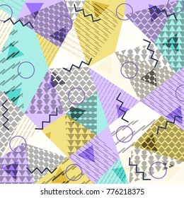 Abstract background in the style of Memphis. Modern design. The design is suitable for posters, postcards, invitations, posters, packages, brochures. Vector