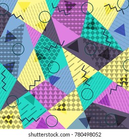 Abstract background in the style of Memphis. Modern design. The design is suitable for posters, postcards, invitations, posters, packages, brochures. Vector