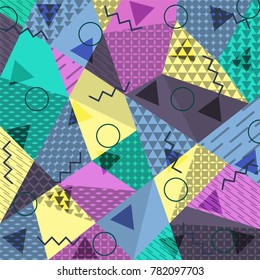 Abstract background in the style of Memphis. Modern design. The design is suitable for posters, postcards, invitations, posters, packages, brochures. Vector