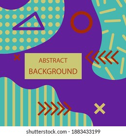 Abstract background in the style of Memphis. Purple-blue composition of circles, rings, triangles and lines. Style of the 80s and 90s. Vector illustration.