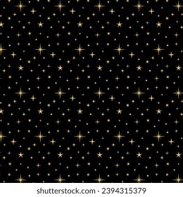 Abstract background with stylish golden glitter stars on black seamless vector pattern. Shining gold shimmer for funky design print.